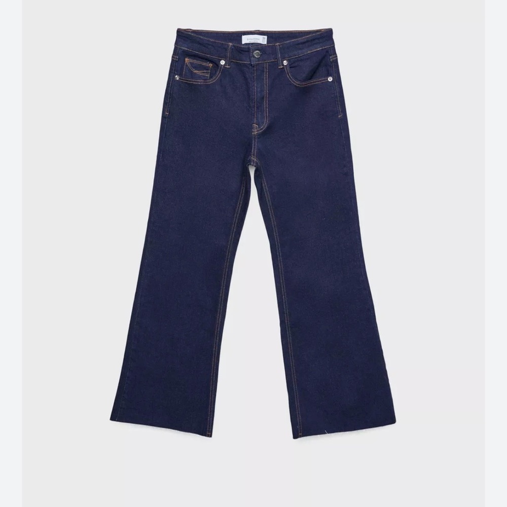 Stradivarius Dark Blue Flare Jeans with Frayed Hem size 10 Strech D78